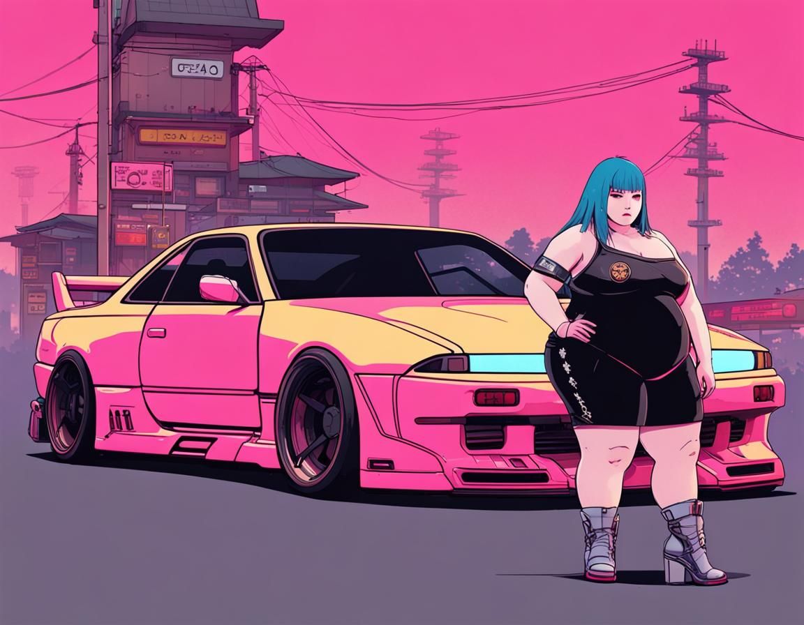 Woman and Rocket Bunny S14 in Cyberpunk Japan