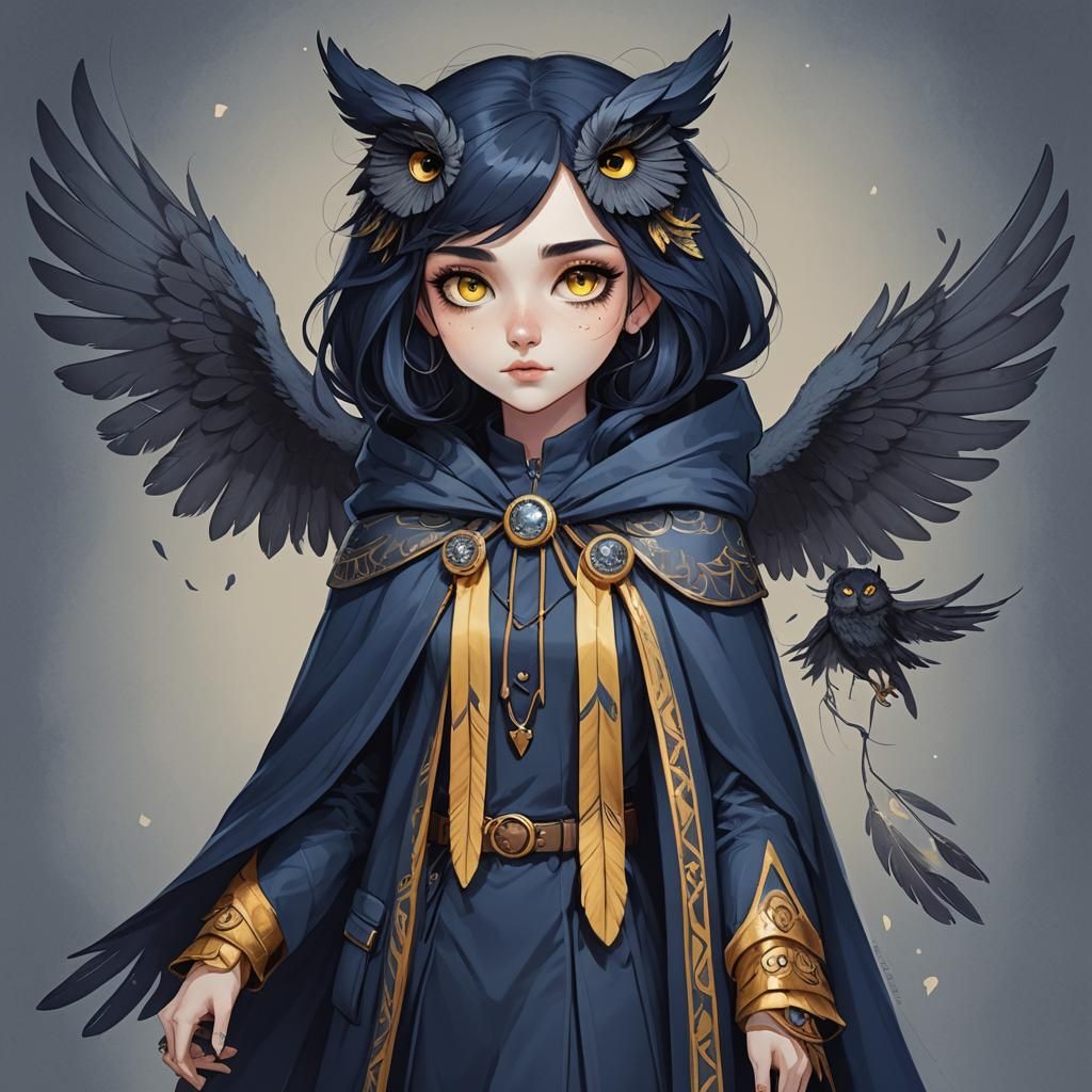 Owl Spirit Girl with Feathered Cloak and Wings
