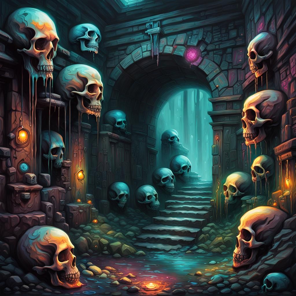 Skulls Guarding Bioluminescent Portal in Graffiti Art Style