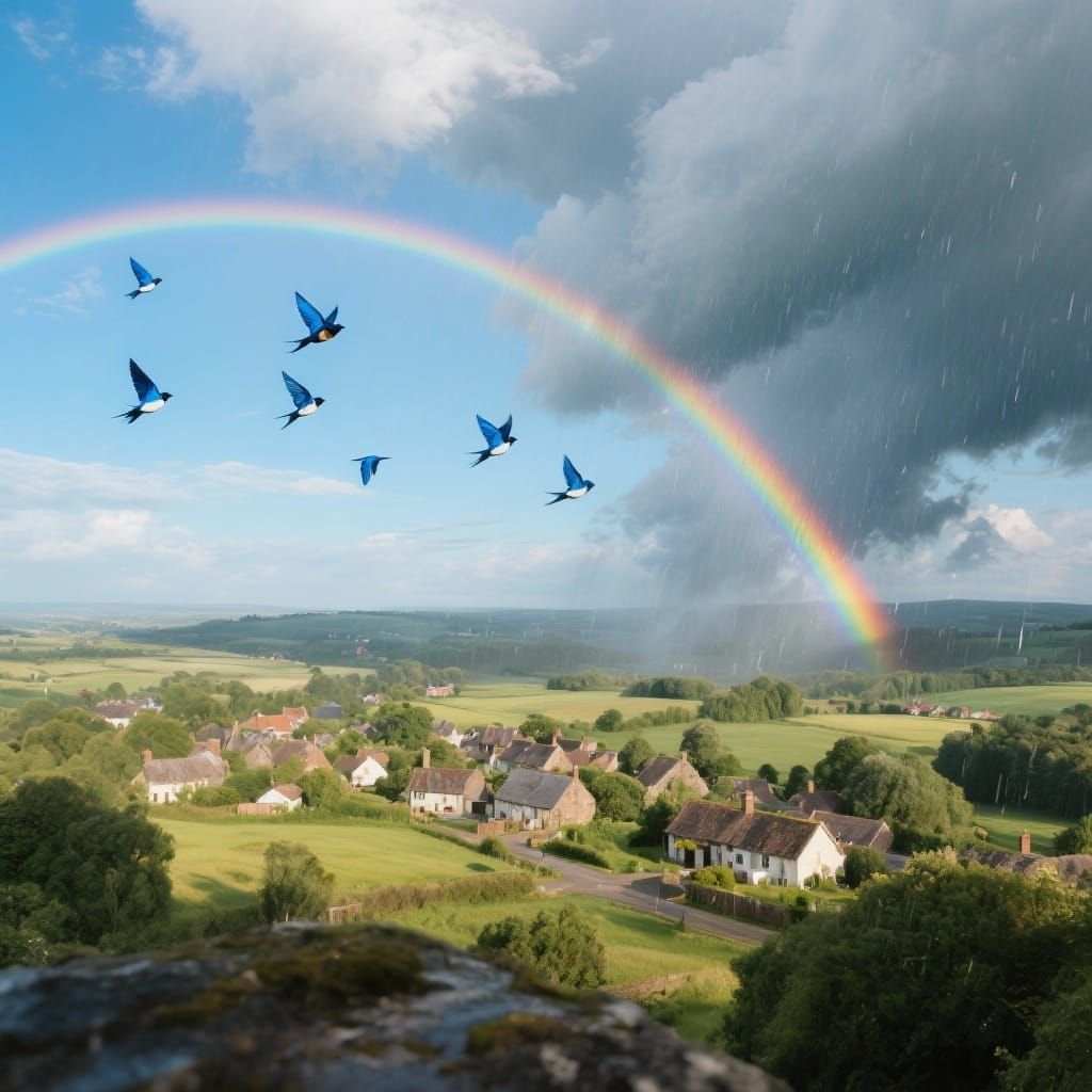 Rainbow Over Village After Rain, Hyper-Realistic Photo