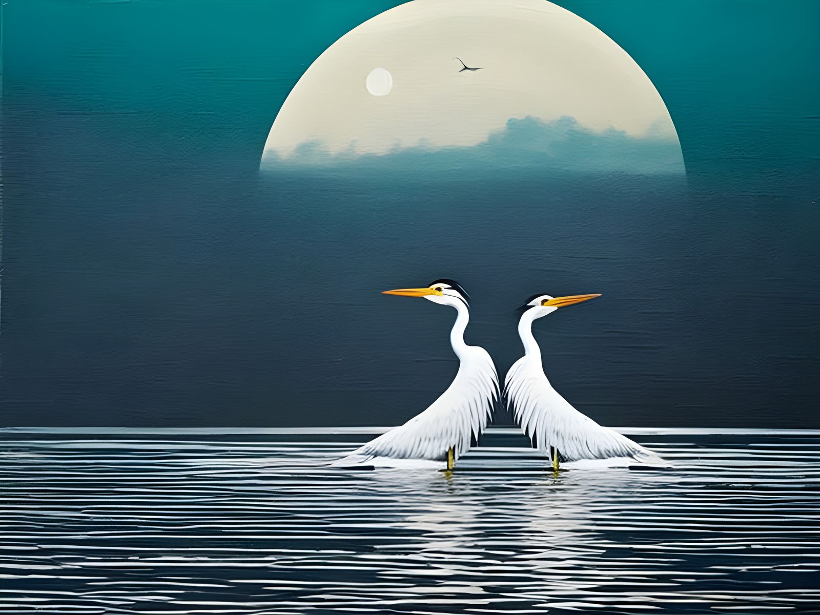 Herons Dancing Under Moonlight: A Matte Painting