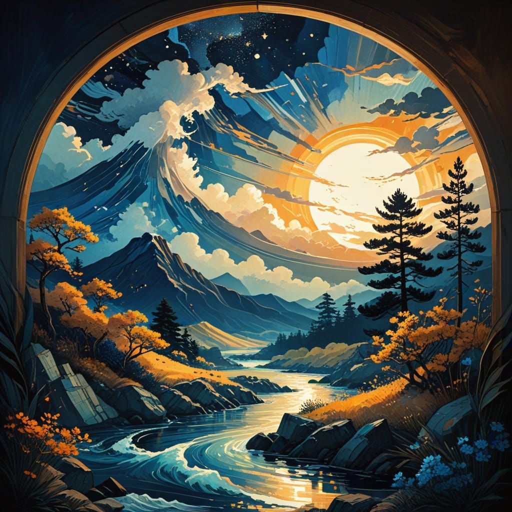 Serene Stained Glass Fantasy Landscape at Golden Hour