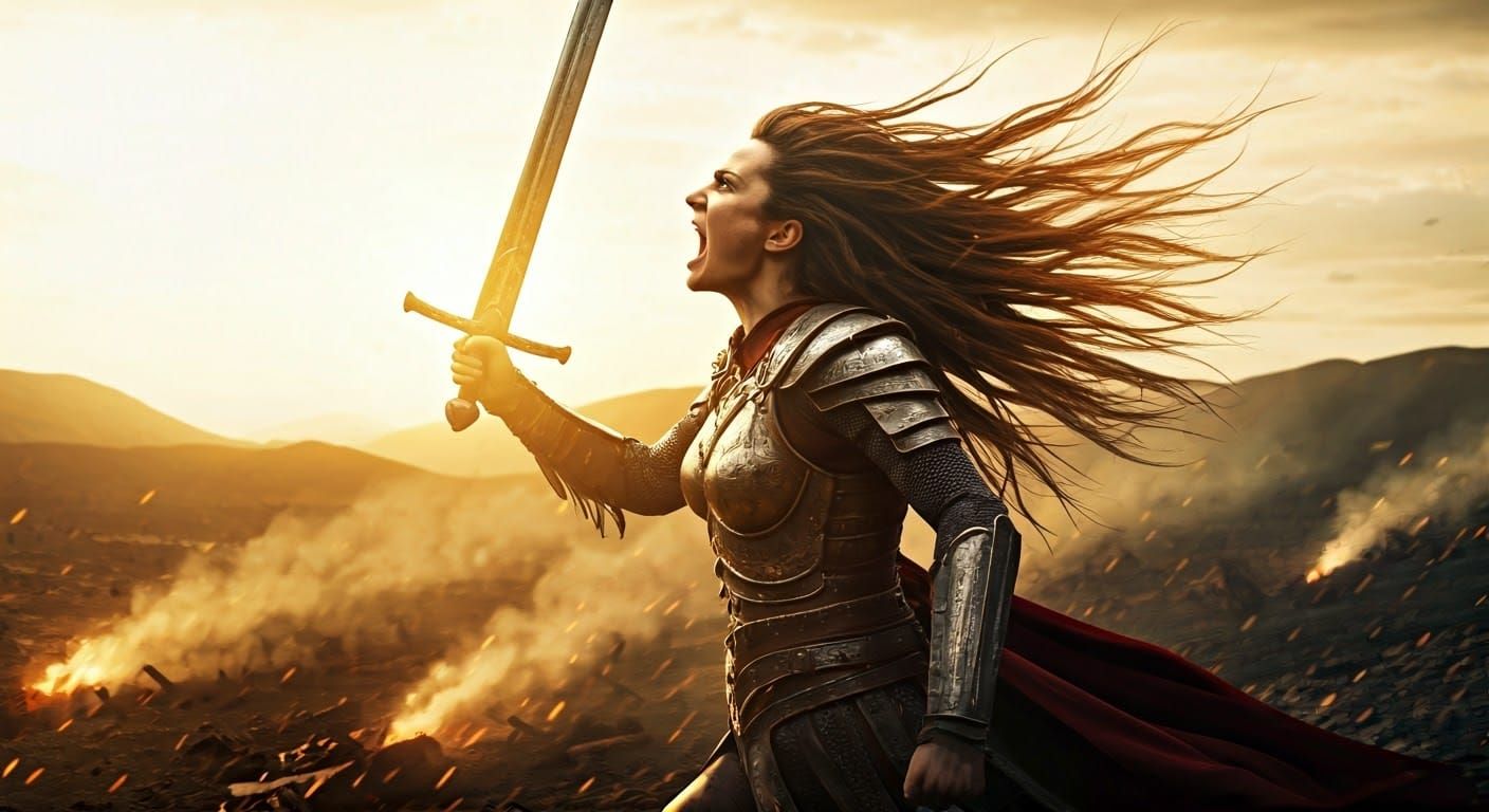 Armored Warrior Woman Charging into Battle
