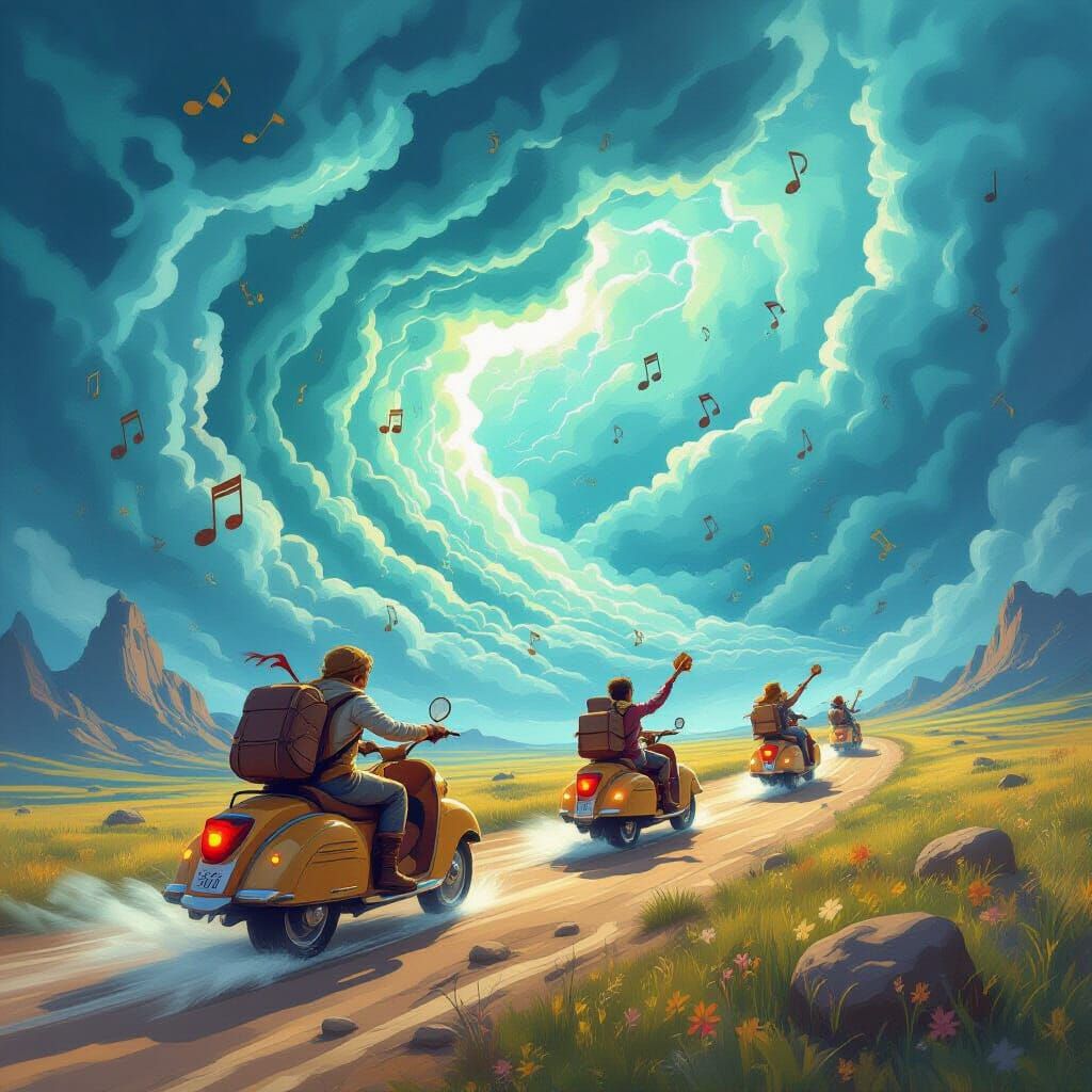 Adventurers Chase Musical Storm Across Surreal Landscape