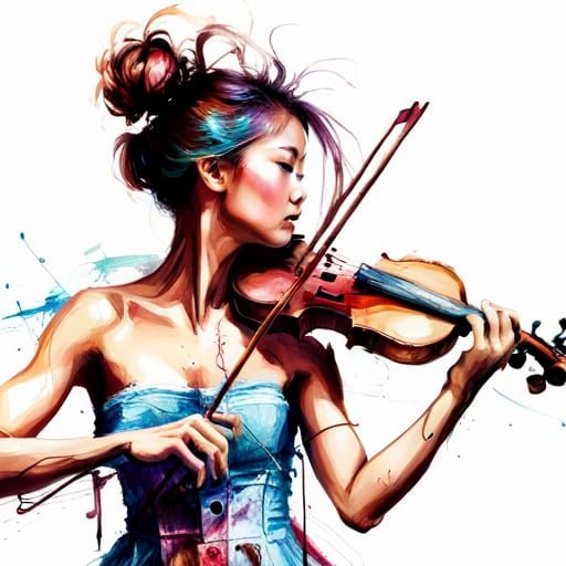 Chinese Girl Playing Violin with Colorful Music Notes