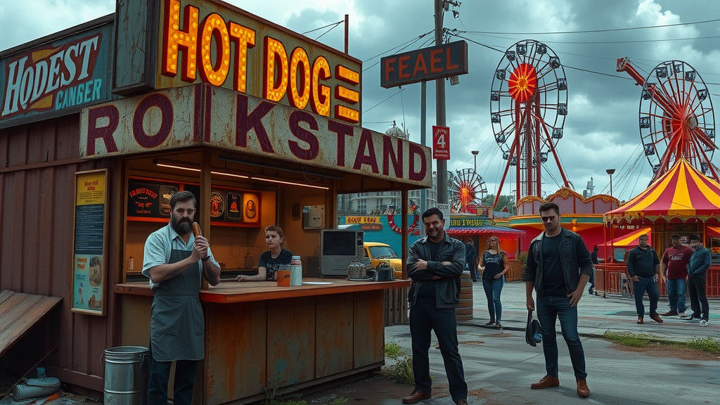 Run-Down Hot Dog Stand in Dystopian Amusement Park