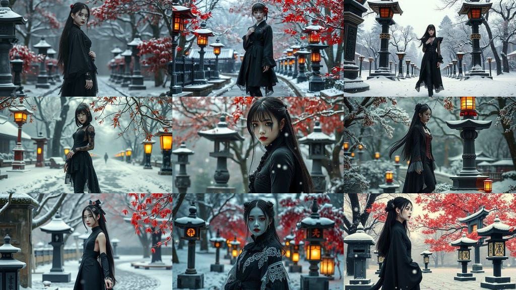 A Young Japanese Woman in Gothic Regalia Amidst Snowy Japane...