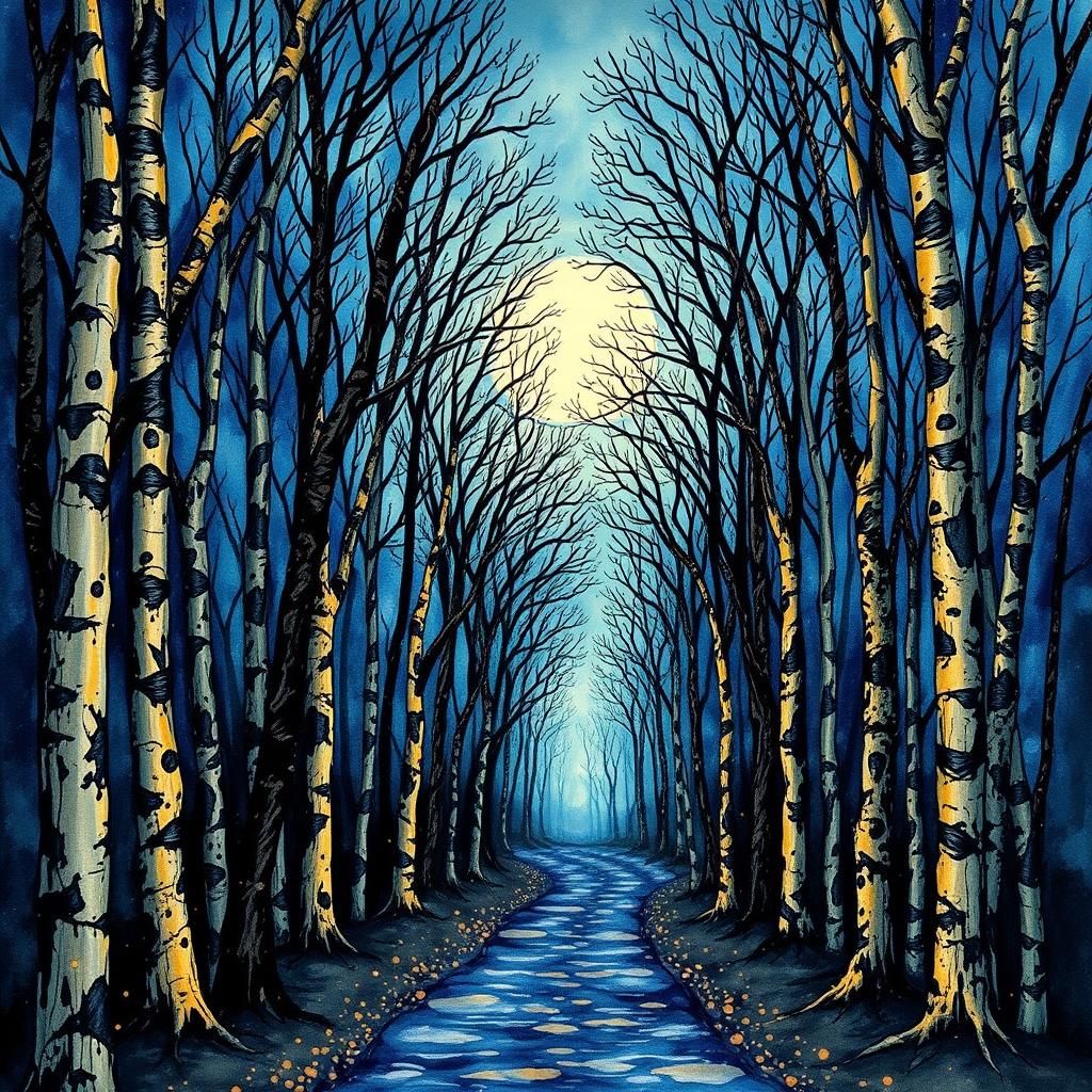 Moonlit Arabesque Forest in Alcohol Ink Style