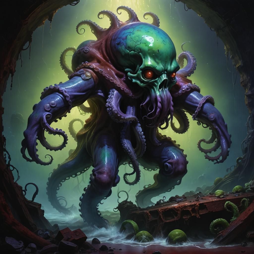 Octopus God Emerges in Shadowy, Rusted Chamber