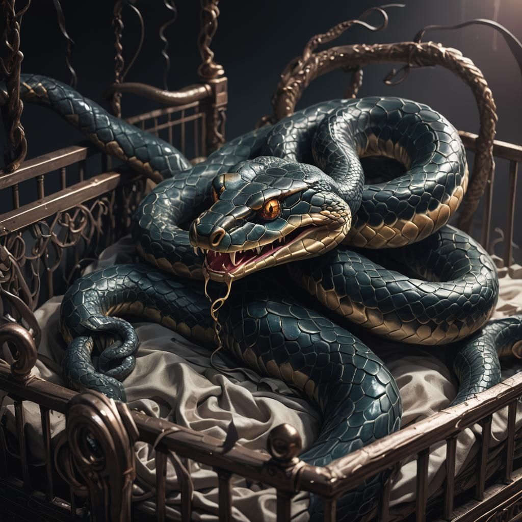 Gigantic Snake Coiled Around Crib: Dark Fantasy 3D Render