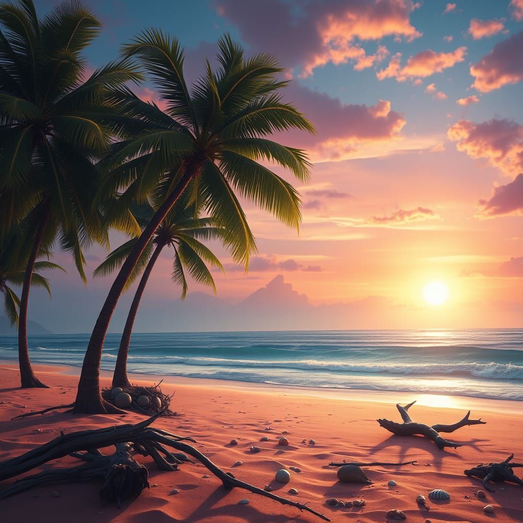 Surreal Sunset Beachscape with Palm Trees and Fantastical El...