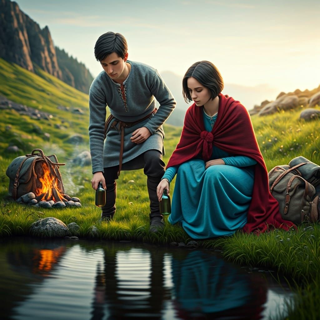 Travelers at Dawn Fill Bottles at Spring