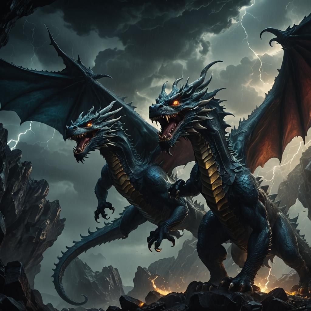 Two-Headed Dragon Roaring in Stormy Cave, Surreal Art