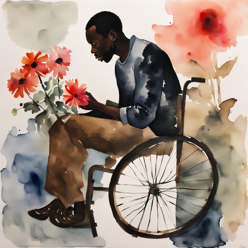 Watercolor of Man in Wheelchair with Flower
