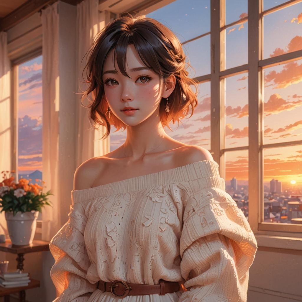 Anime Woman in Sunset Room: Digital Illustration