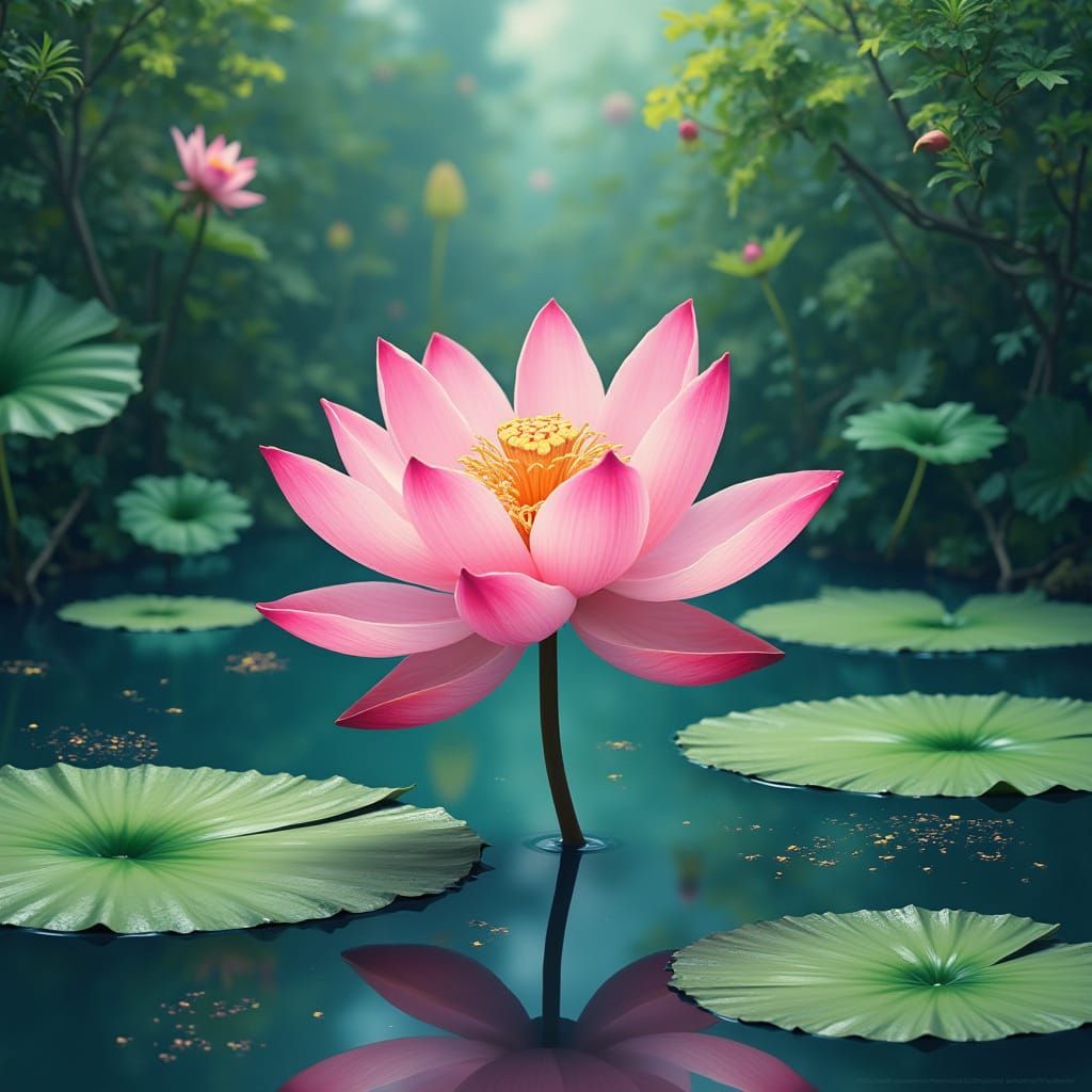 Surreal Pink Lotus Blooms in Vibrant, Dreamy Surroundings