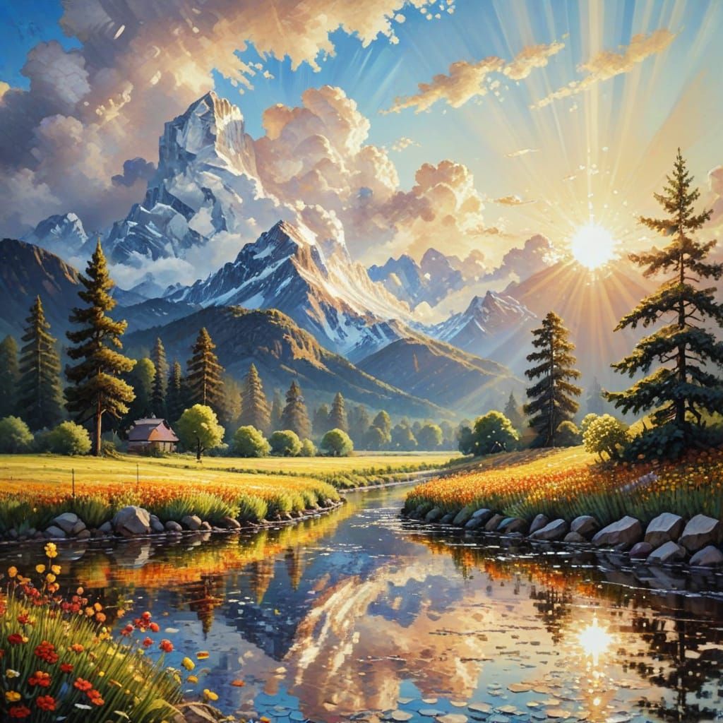 Luminous Stamp Landscape with Heavenly Sunshine