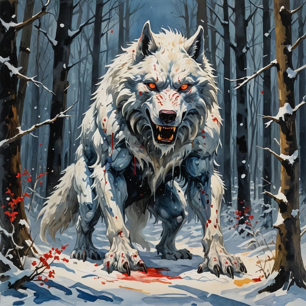 Eerie White Werewolf in Snowy Forest, Dark Impressionist Gou...