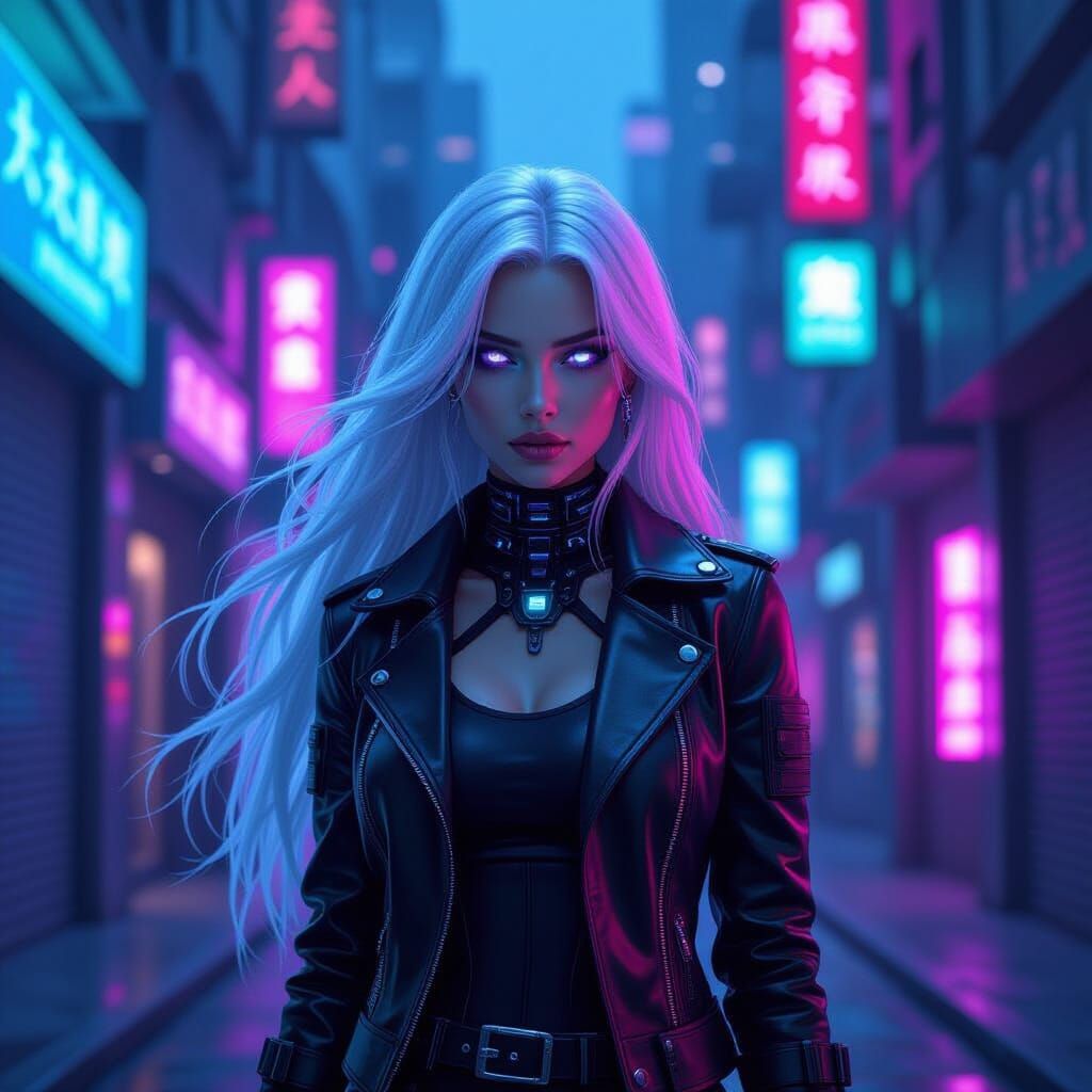 Cyberpunk Woman in Neon Alleyway
