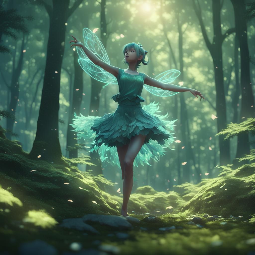 Nymph Dancing in Forest Clearing: 3D Anime Art