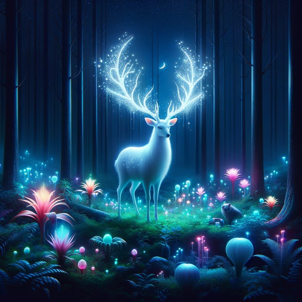 Ethereal White Stag in Enchanted Forest