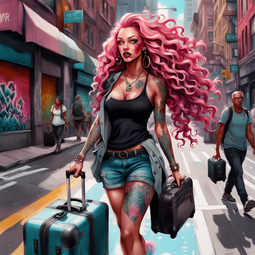 Pink-Haired Woman in City Street Art Style