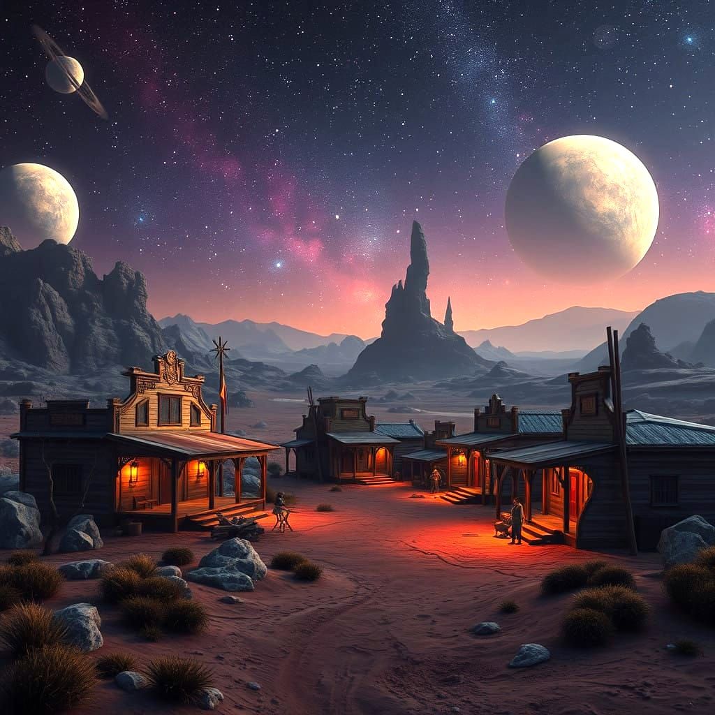 Mars Frontier Townscape in Deep, Dreamlike Blues and Purples