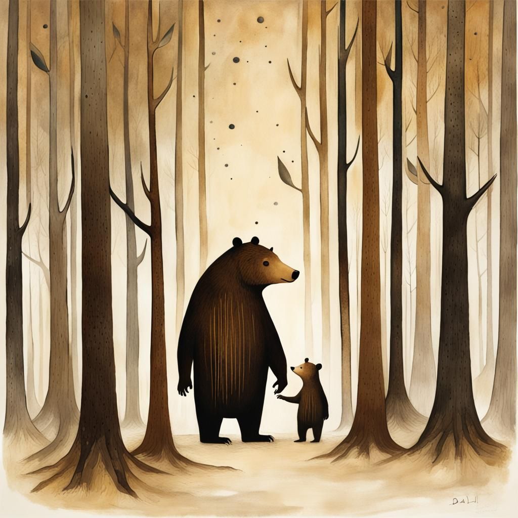 Surreal Bears in Forest, Illustrated Style