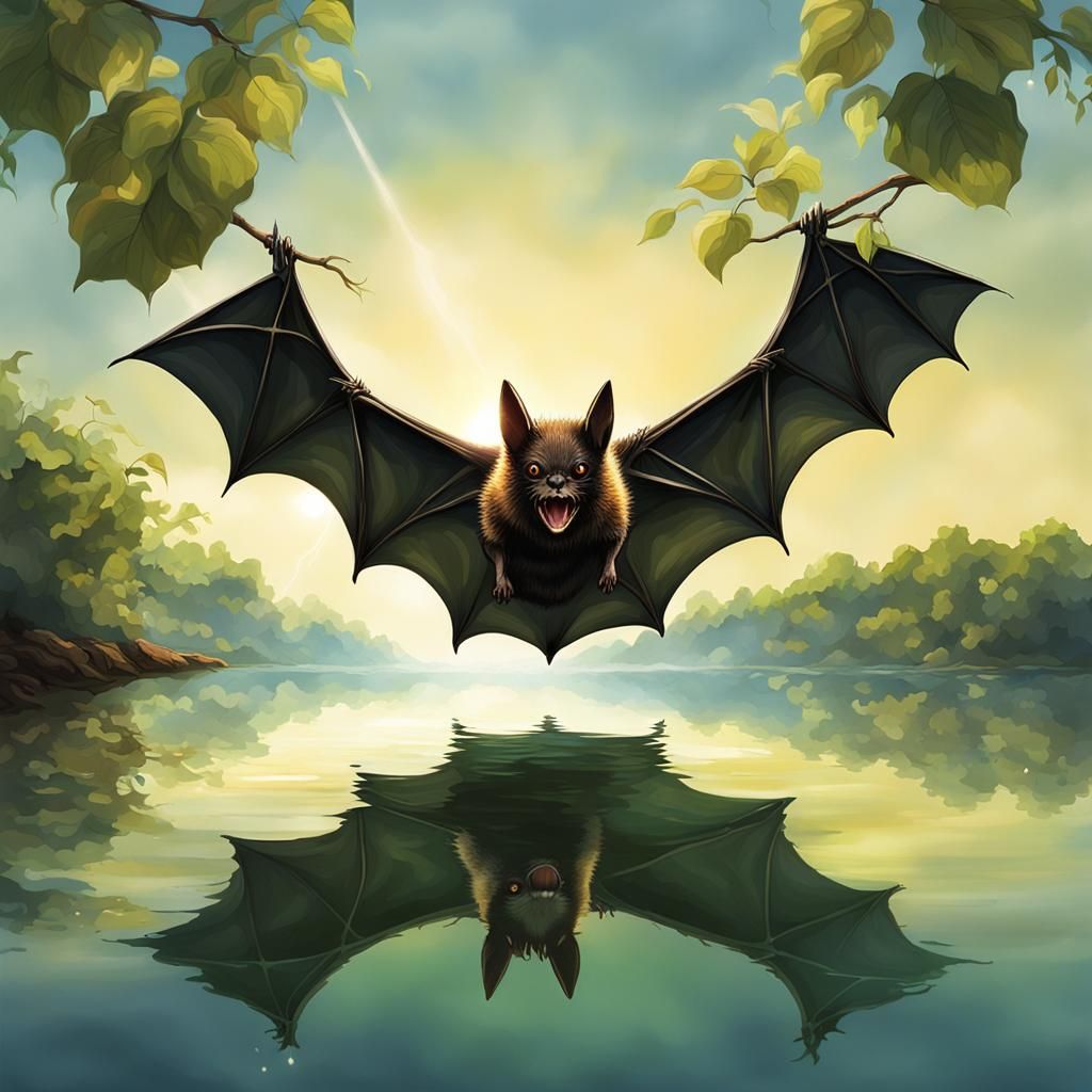 Bat Silhouette Reflected in Water at Sunset
