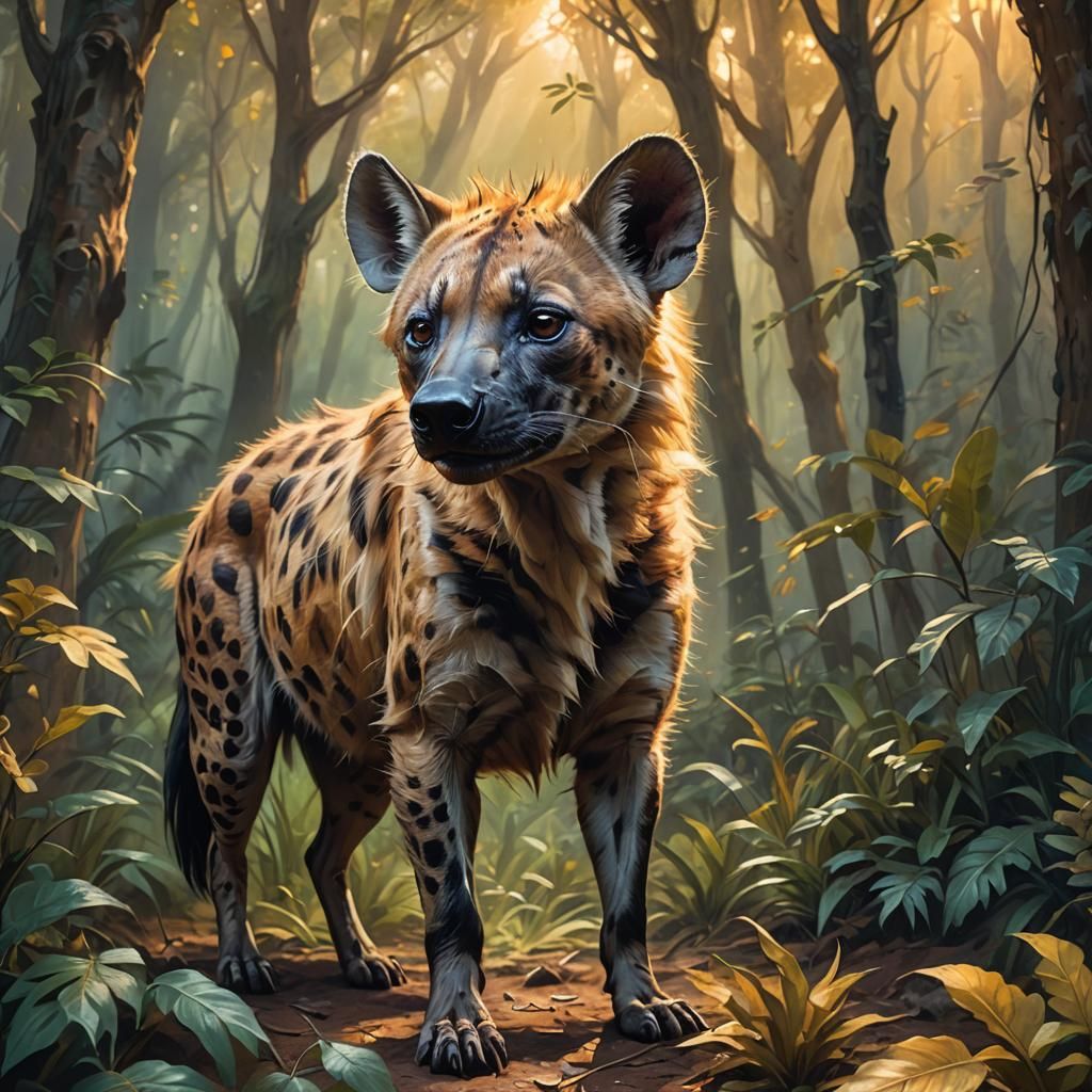 Hyena in Mystical Forest, Vibrant Oil Painting Style
