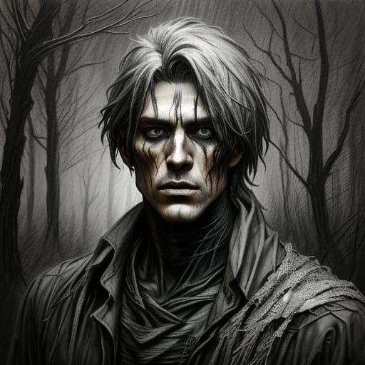 Expressionistic Charcoal Sketch of Male Figure in Dark Fores...