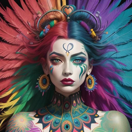 Rainbow Woman Portrait with Peacock Feathers