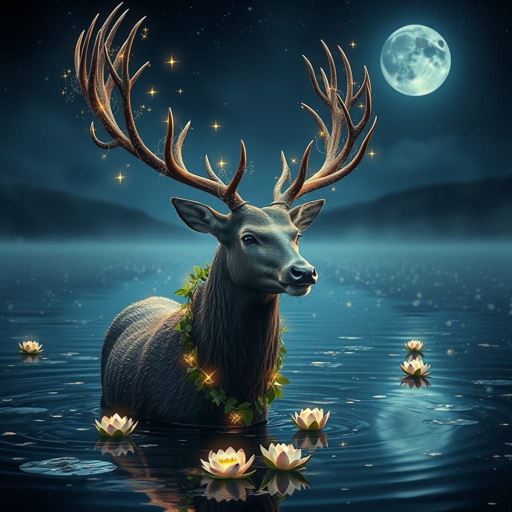 Luminous Stag in Moonlit Lake, Dreamy Art