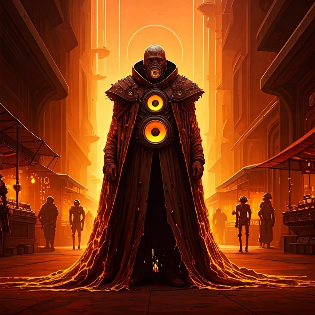 Martian Marketplace: Futuristic Figure in Golden Light