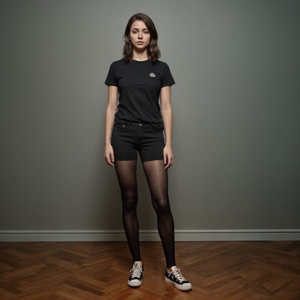 Young Woman in Black Outfit Standing in Realistic Style