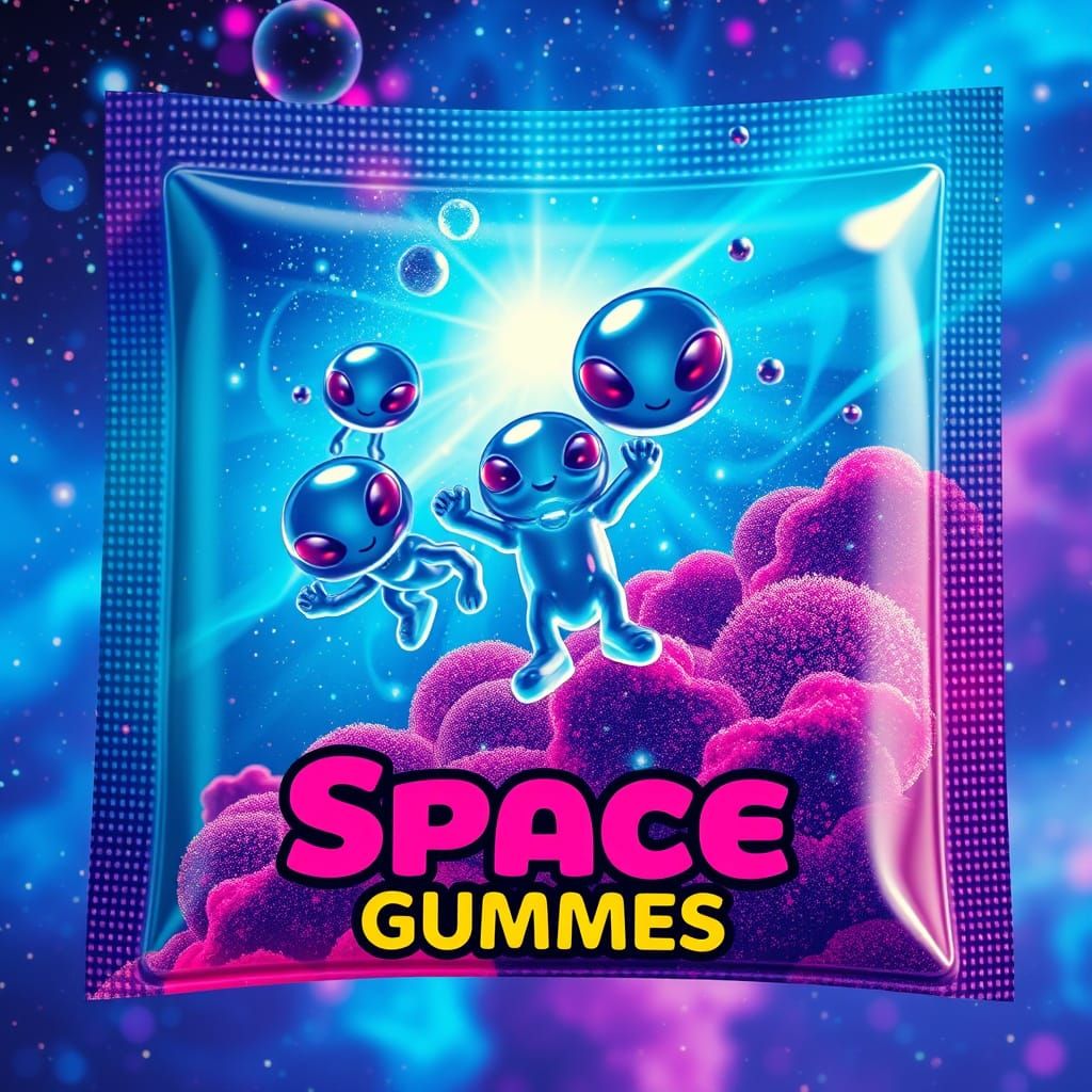 Electric Blue Space Gummies Aliens in Psychedelic Poster Art