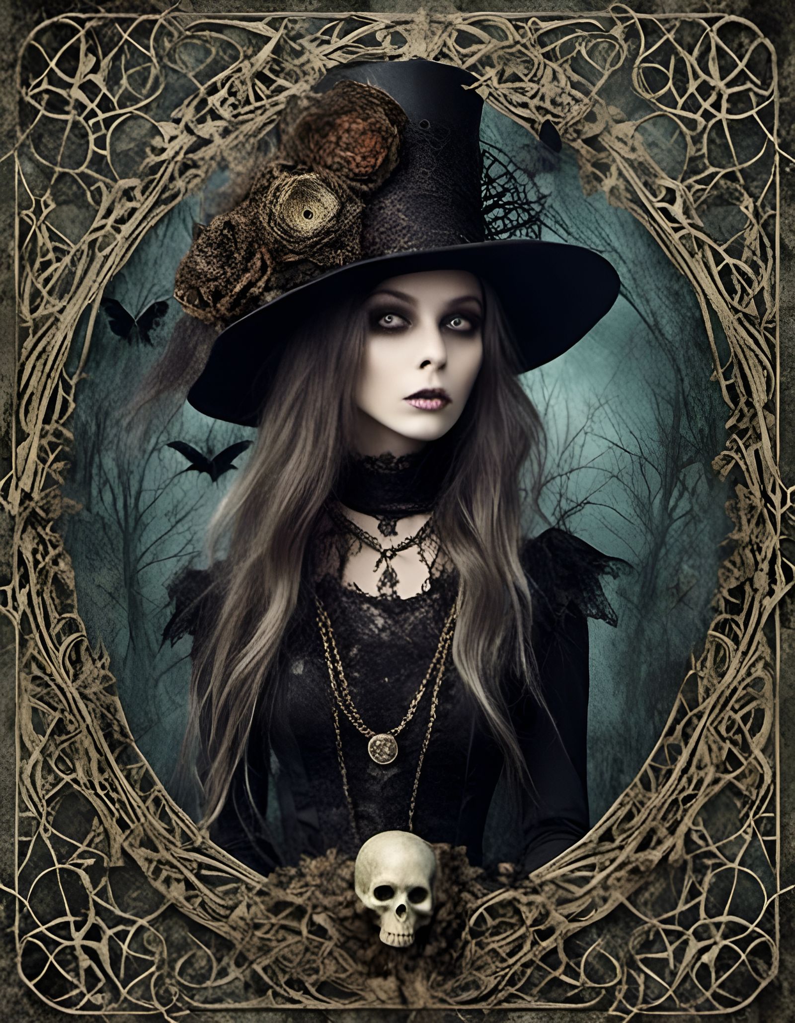 Gothic Zombie Witch Halloween Postcard in Art Nouveau Style