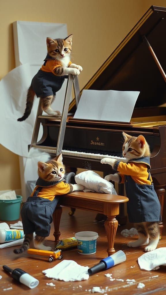 Kittens Clean Grand Piano: Cinematic Film Aesthetic
