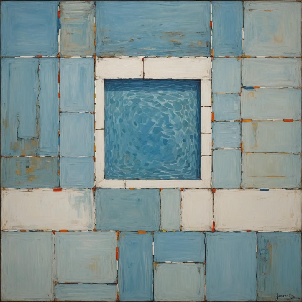 Piet Mondrian Inspired Geometric Art with Blue Pool