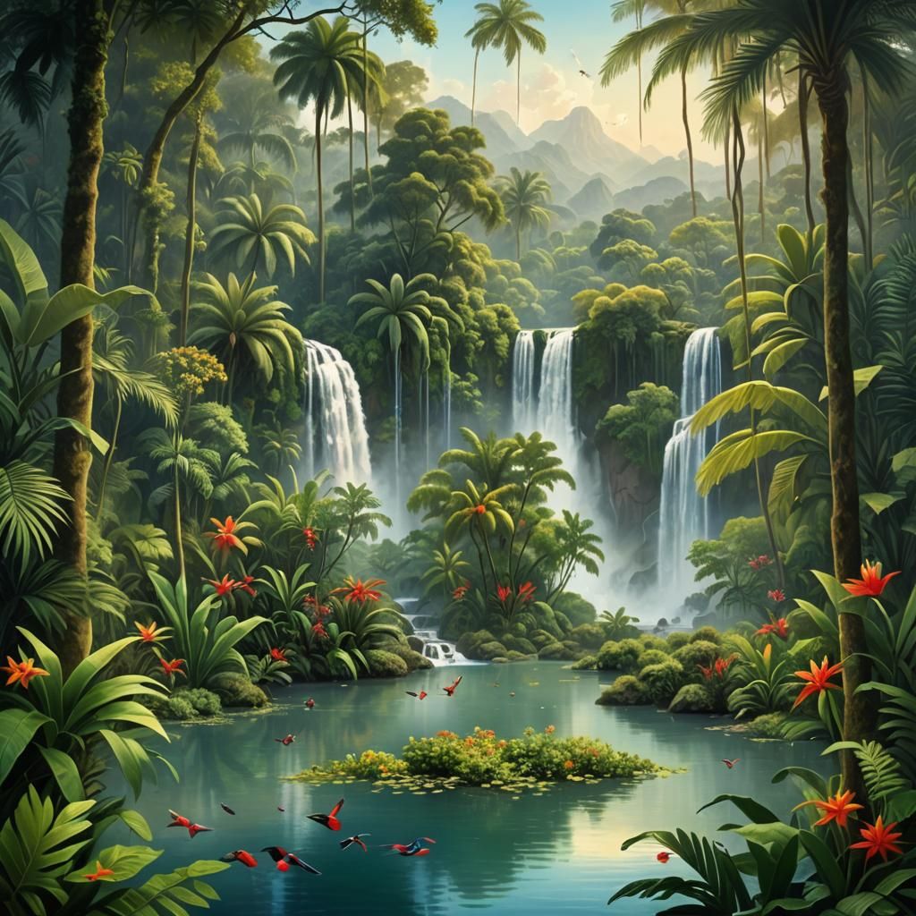 Tropical Waterfall in Lush Jungle, Rousseau Style