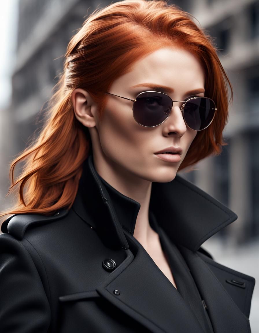 Red-Haired Female Spy Undercover in Black Trench Coat