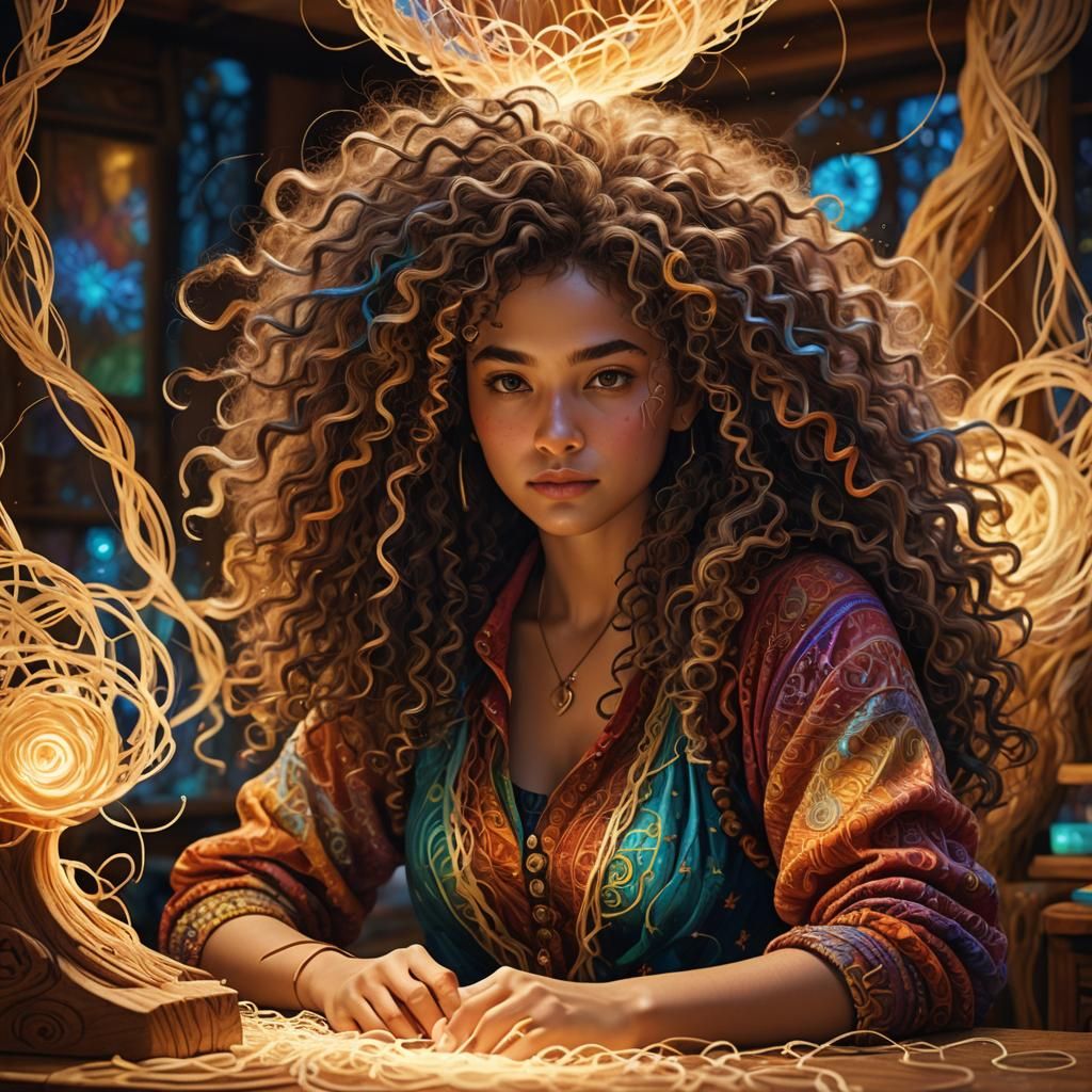 Young Woman Surrounded by Glowing Fibers in Digital Art
