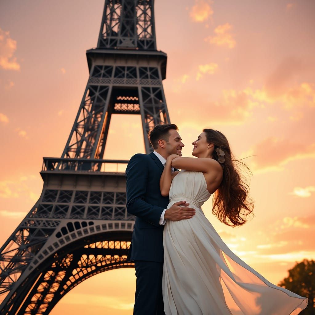 Romantic Couple Embracing beneath Eiffel Tower in Whimsical ...