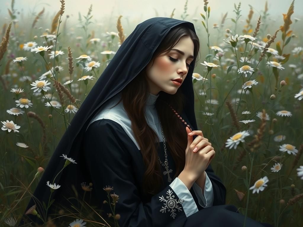 Nun Sleeping in Wildflowers, Impressionist Oil Painting