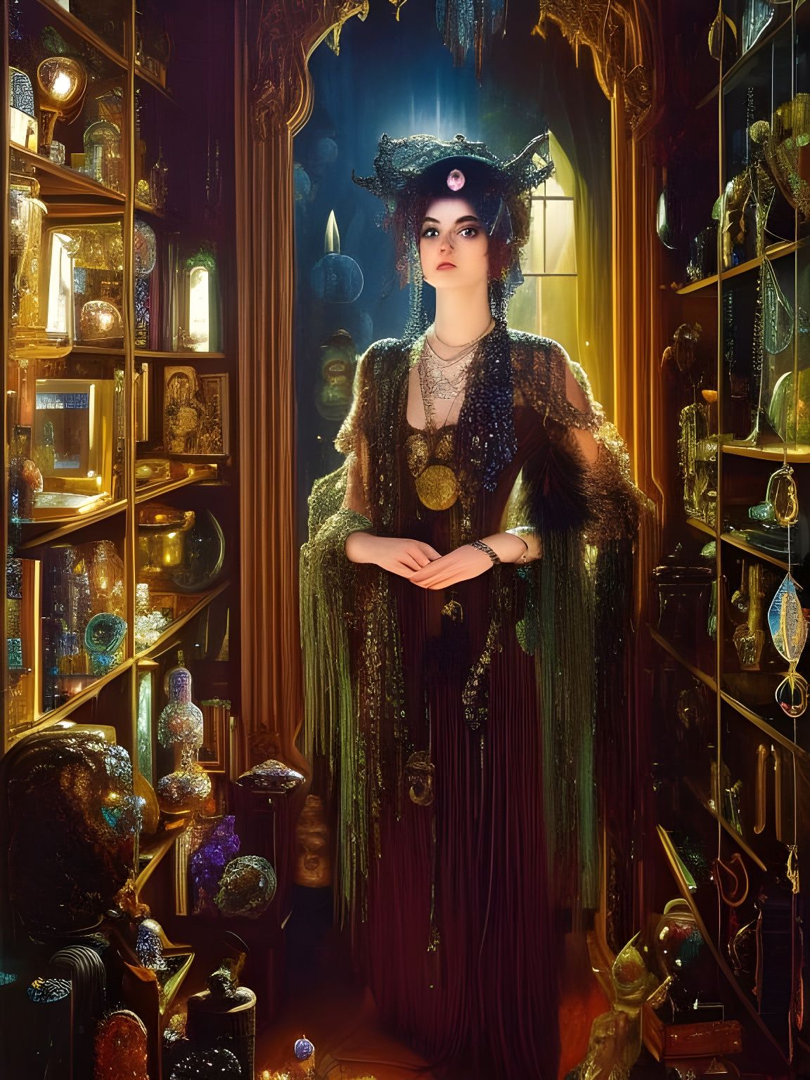 Victorian Hippy Witch in Crystalline New Age Shop