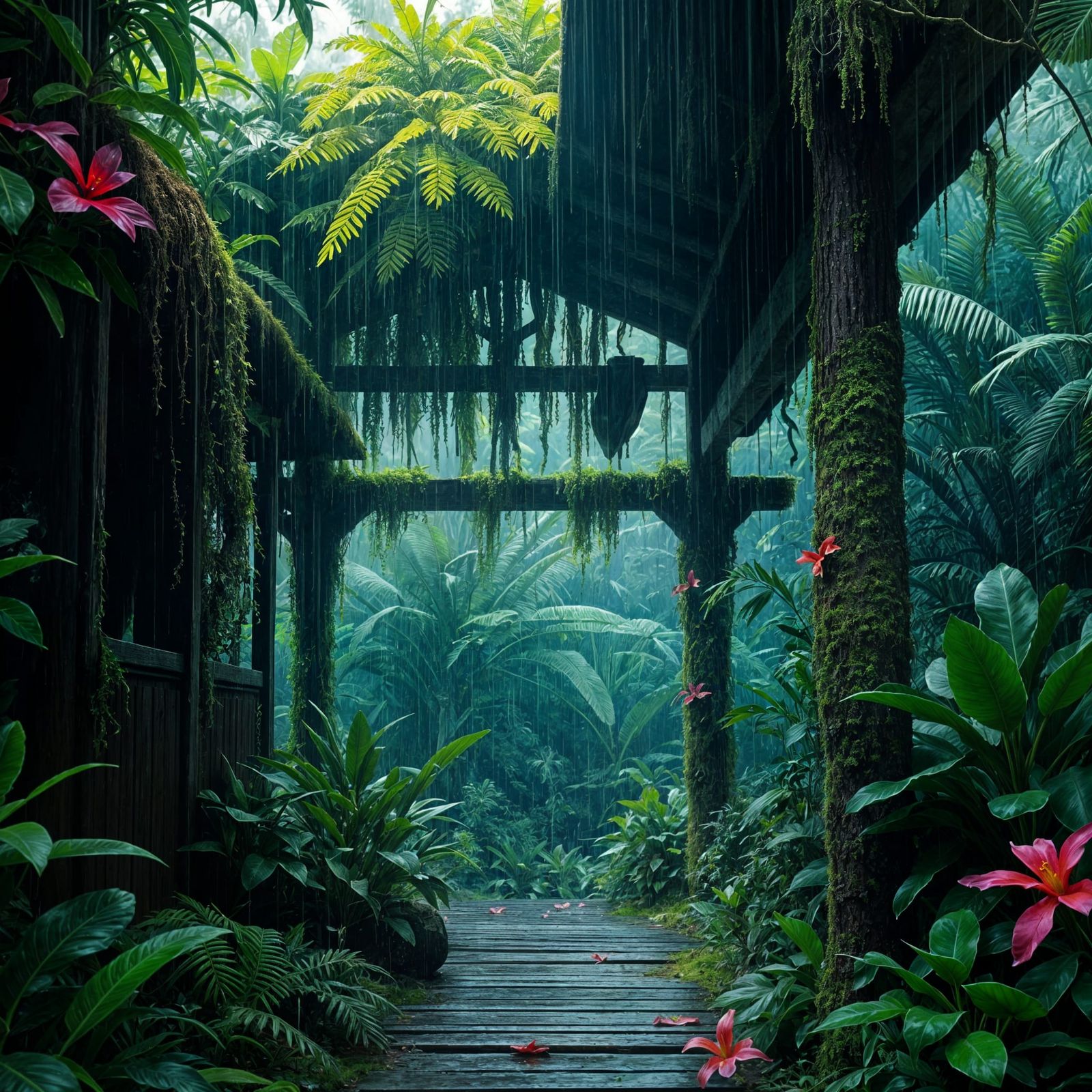 Tropical Rain Shelter in a Lush Jungle Oasis