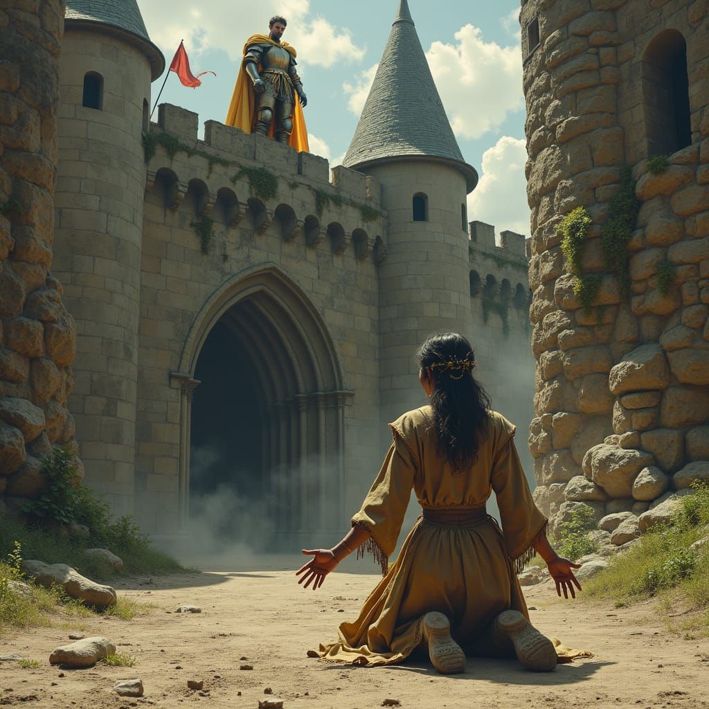 Peasant Woman Begs Before King on Castle Wall