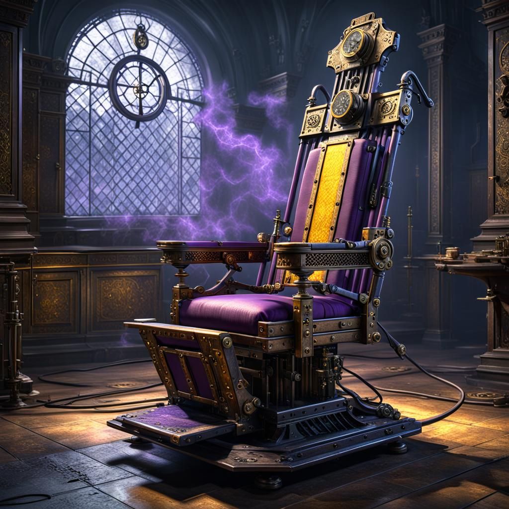 Steampunk Electric Chair Execution in Dark Fantasy Style