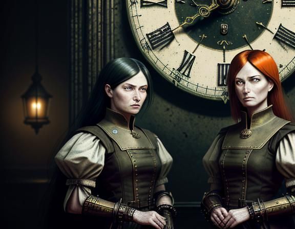 Twin Sisters in Time Machine: Dark Fantasy Concept Art