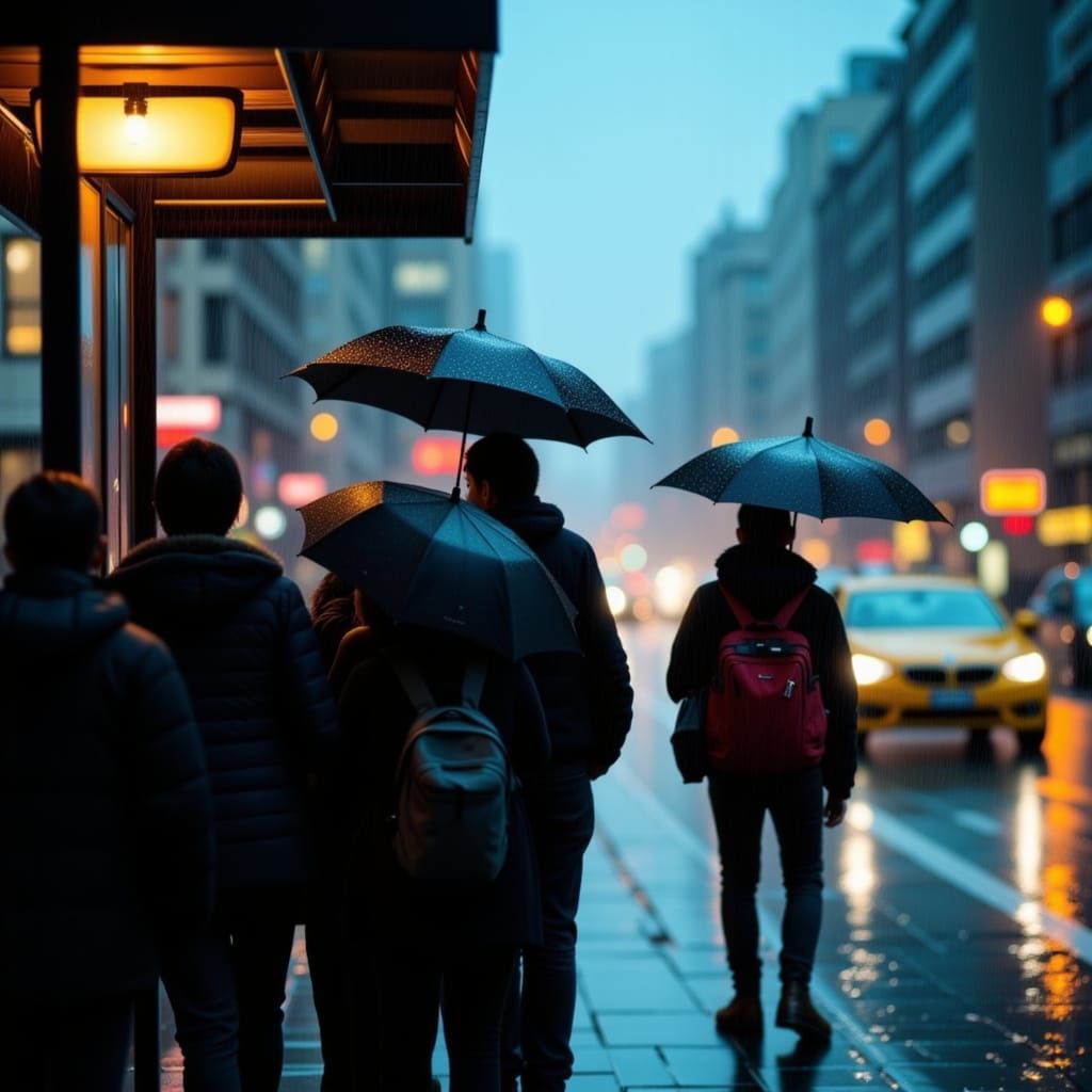Commuters Huddle at Bus Stop in City Downpour